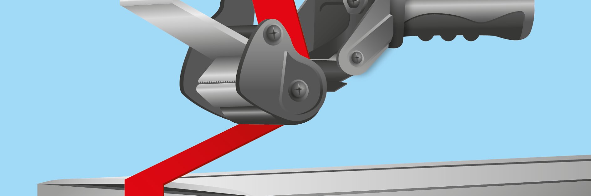 Illustration of a tape dispenser applying red tesa tape to a cardboard box. The box is partially open and the tesa tape is being pulled across the top, ready for sealing. The background is light blue.