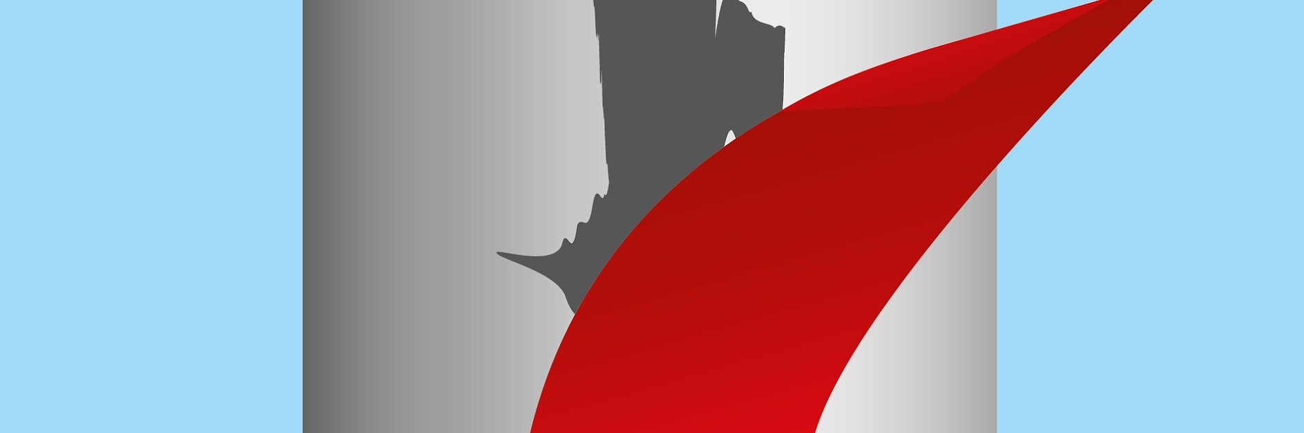 A tall, cylindrical object with a gray surface has a jagged black shape toward the top. A bold red curved element is prominently situated in the lower right corner against a light blue background.