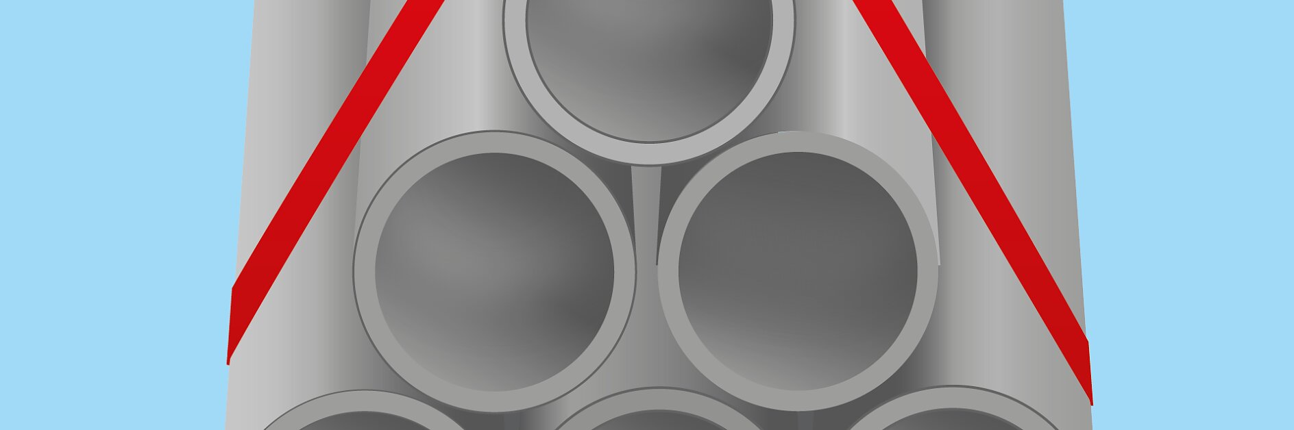 Illustration of six gray cylindrical pipes arranged with five at the base and one on top, wrapped by a red strap outlining a triangular shape on a light blue background, securely held together with tesa tape.