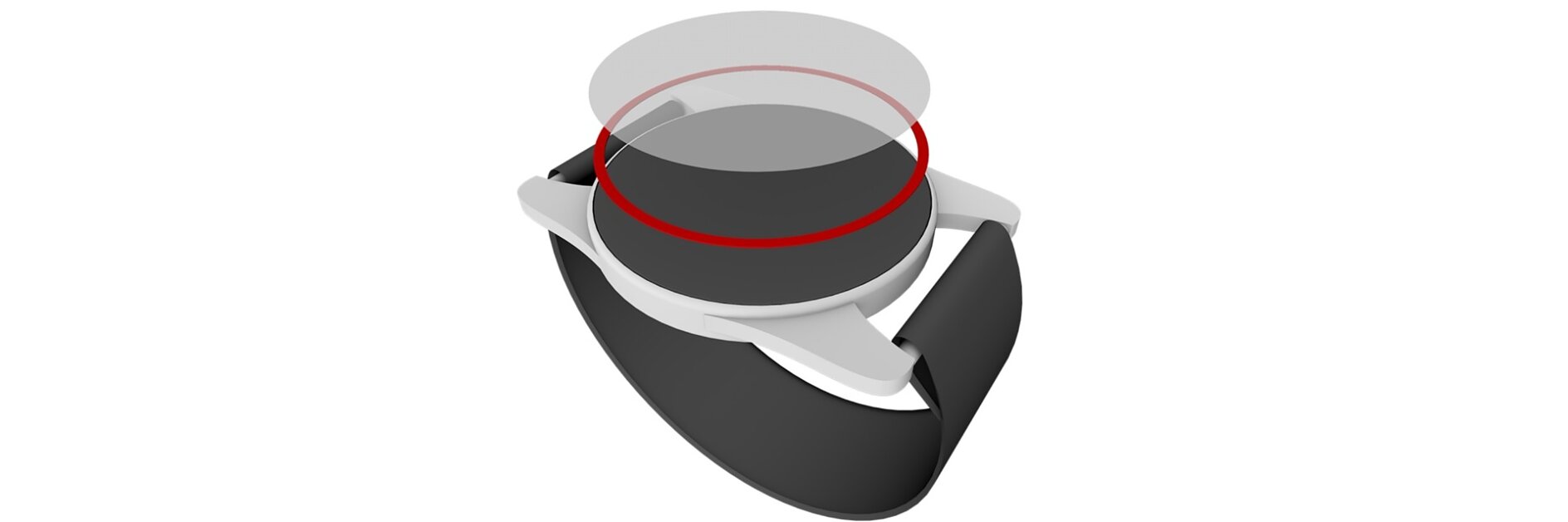 A digital smartwatch with a black strap and a round face is depicted, featuring red concentric circles above the display. The watch has a silver bezel and minimalist design.