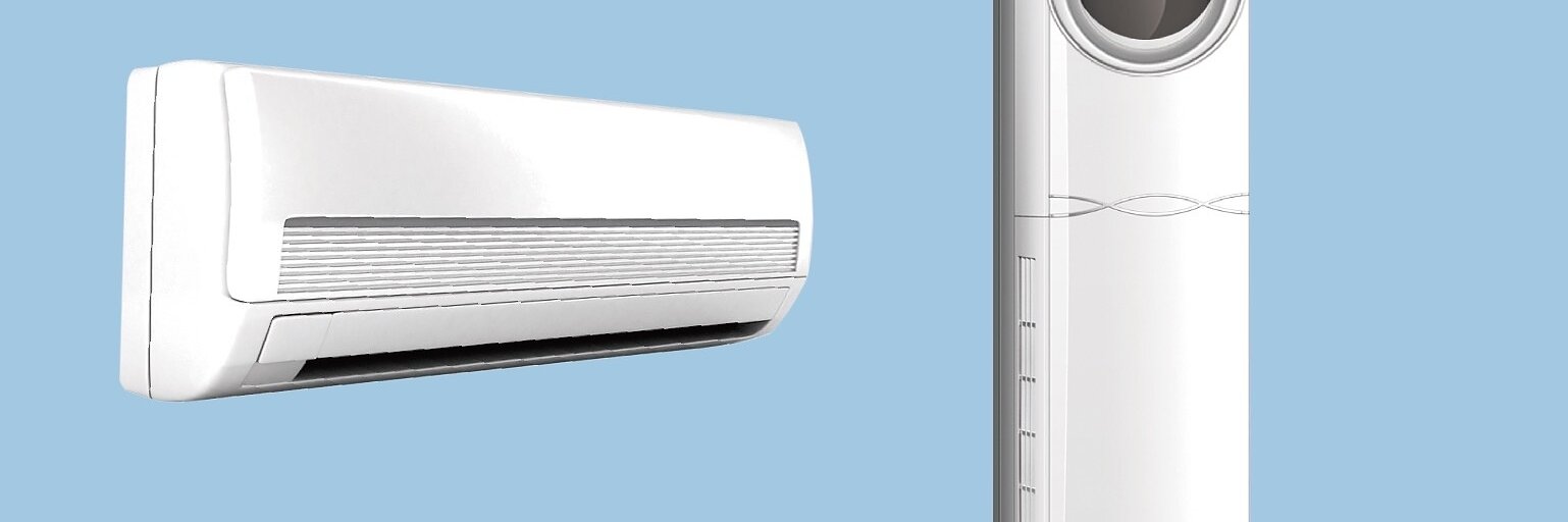 Two types of air conditioning units on a light blue background. On the left is a wall-mounted split AC unit with vent slats. On the right is a tall, sleek, floor-standing air conditioner with a circular intake at the top.