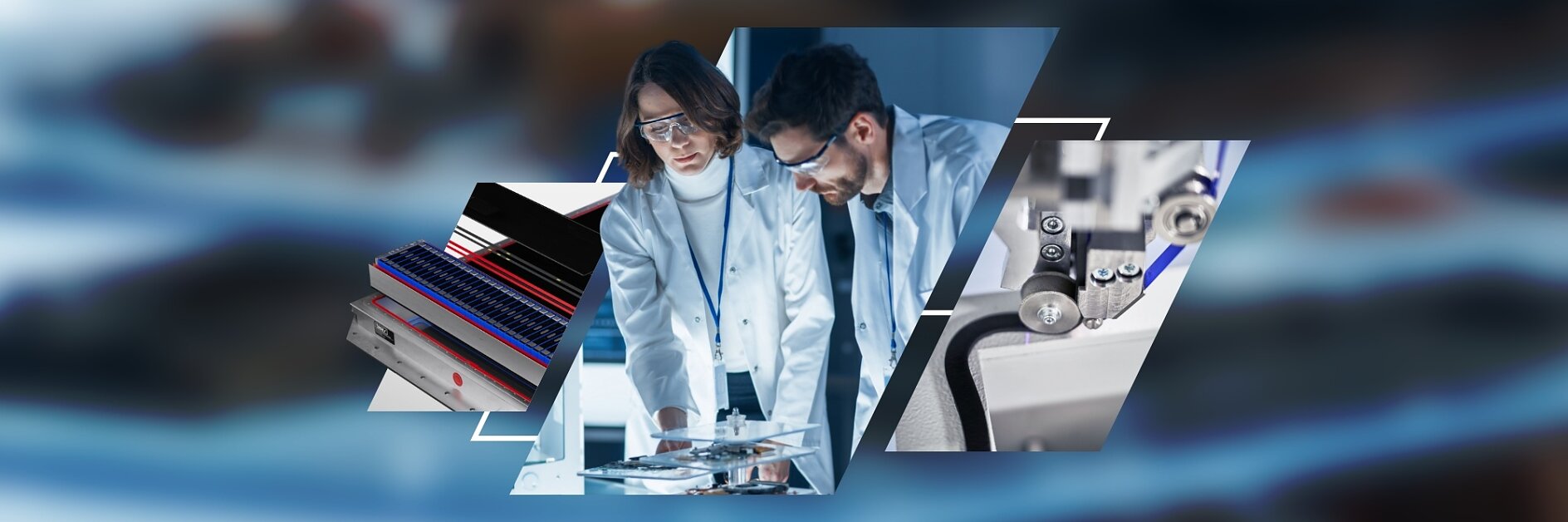 Two scientists in lab coats and safety goggles analyze samples, surrounded by images of lab equipment and test samples. The background includes various scientific instruments and materials, including tesa tape, creating a collage effect.