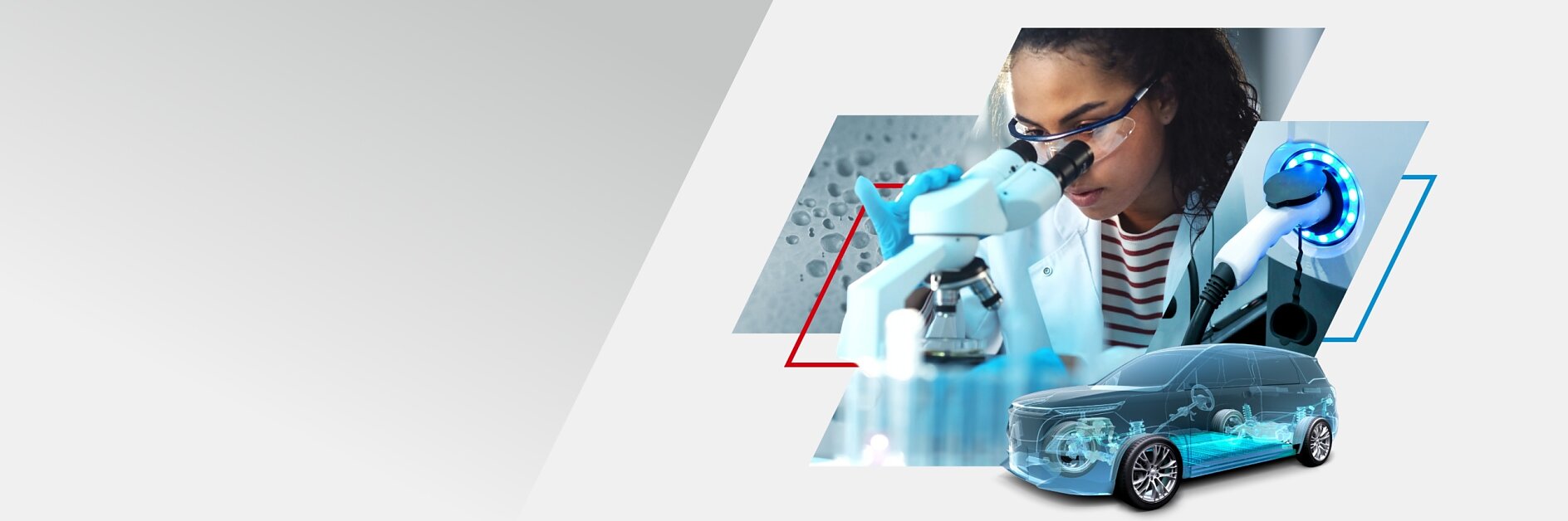 A scientist looks through a microscope, wearing protective goggles. Next to her is a digital rendering of a car with visible internal systems. The background features geometric shapes and a gradient from grey to white.