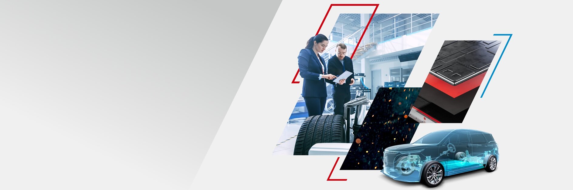 Two people in business attire stand in a modern office near tires, examining documents. Beside them are overlaid images of tire treads and a transparent car showing internal components, with the added detail of using tesa tape for assembling or securing these parts.
