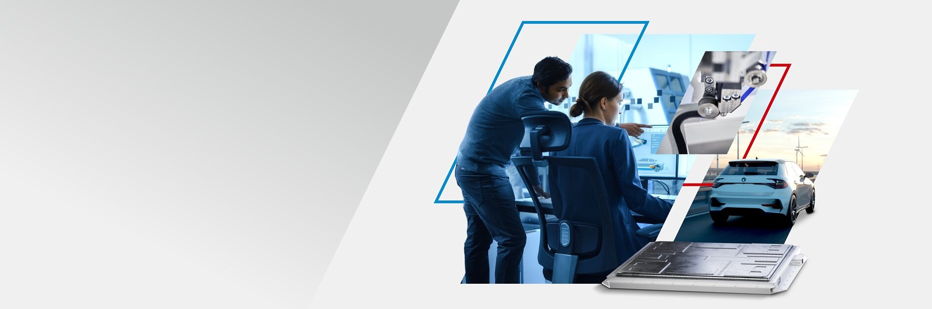 Two people in an office setting are examining computer screens. Overlaid images include a close-up of vehicle components, a white car on a road, and a large battery or electronic device. The background is a gradient from gray to white.
