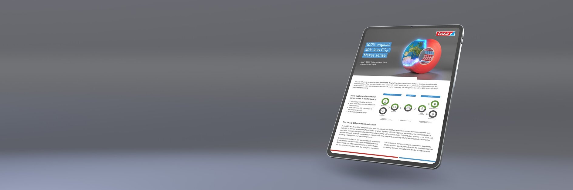 A digital tablet displaying a business-themed article. The screen shows a blue and red circular graphic, several sections of text, and an array of small icons in a row. The background is a gradient of gray tones.