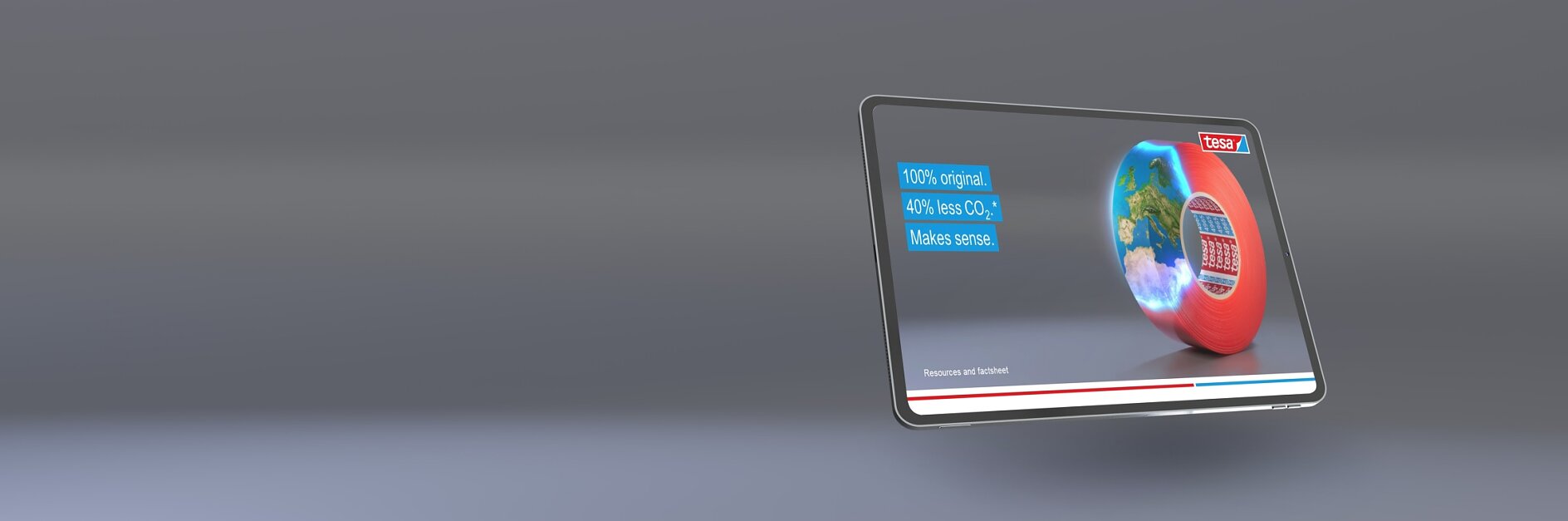 A digital display shows a globe with a red circular object next to it. Overlay text reads, 100% original, 41% less CO2 makes sense. The display is set against a gray background.
