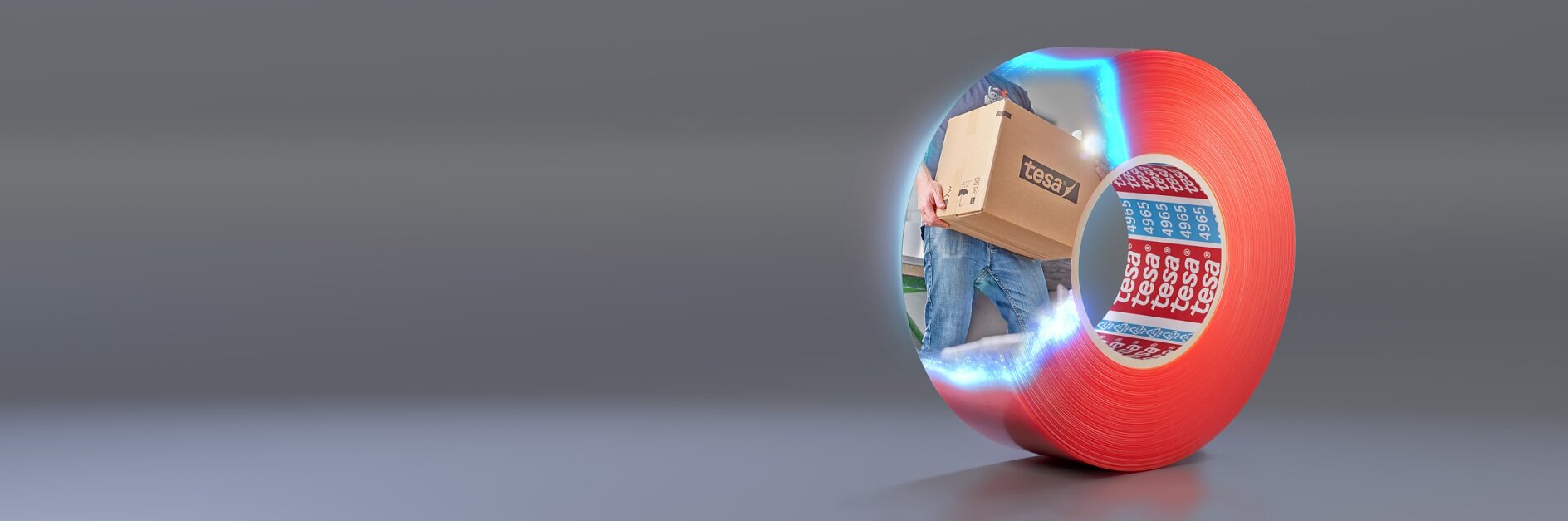 A red roll of adhesive tesa tape with an image overlay of a person holding a cardboard package. The person wears a blue outfit and is at a post office counter with mailing supplies visible. The background is a plain gray surface.