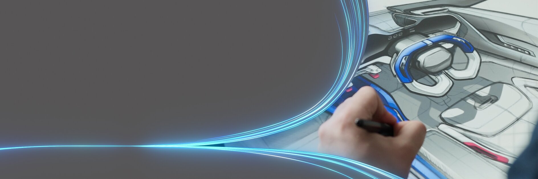 A person sketching a futuristic car interior design on a digital tablet. The design features a steering wheel, seats, and dashboard with blue and grey elements. A glowing blue light pattern is visible on the left side of the image, and tesa tape is used throughout to ensure precision in detailing the models intricate components.