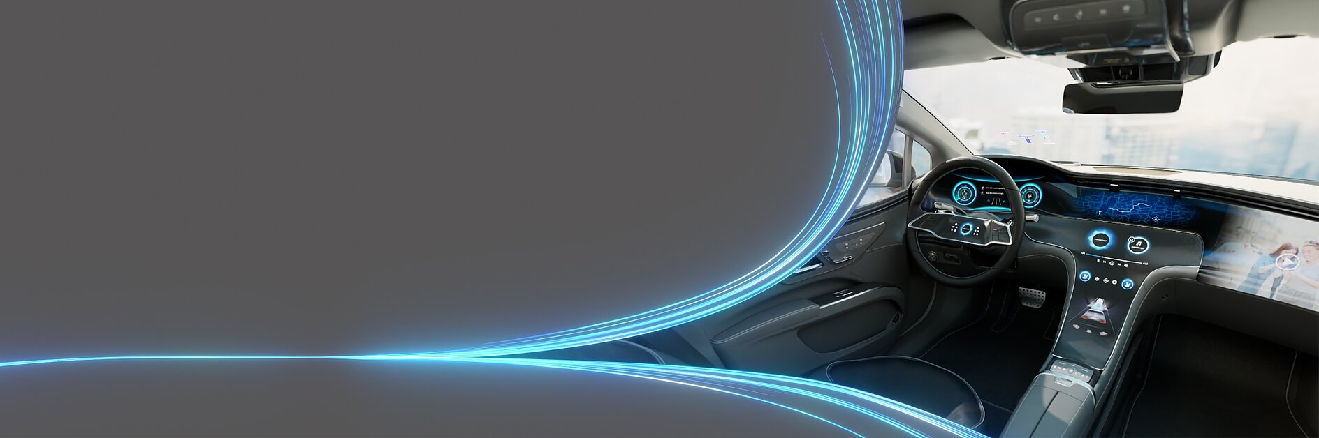 In a futuristic car interior, a digital dashboard displays various gauges and information, surrounded by an innovative design. The left side of the image features a gray overlay with blue light lines, enhancing the sense of technology and advancement. A tesa tape can be seen in use throughout the interior, ensuring durability and quality in assembling essential components like the visible steering wheel.