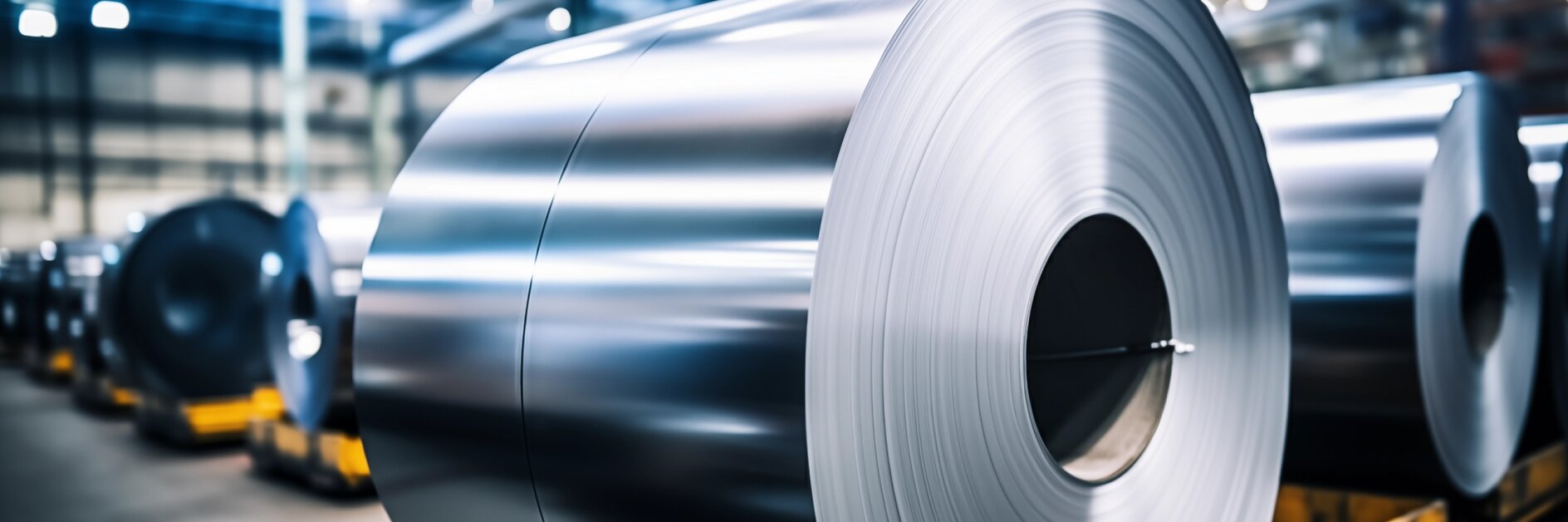 Large rolls of shiny steel are stacked in a row inside an industrial warehouse, secured with tesa tape. The polished surfaces reflect the light from above, and the expansive space in the background indicates a manufacturing setting.