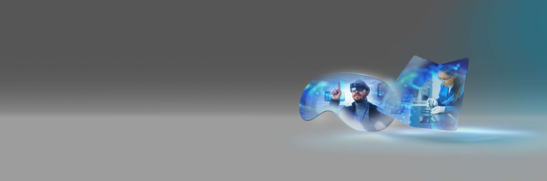 A digital illustration showcases a person wearing virtual reality goggles in the foreground. In the background, another image depicts a person in a lab coat working with scientific equipment. Both images are enclosed within glass-like shapes on a gray gradient backdrop, with tesa tape seamlessly integrating and securing their placement.
